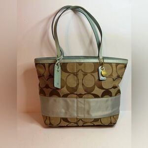 Coach Signature Stripe Tote Bag in Khaki Canvas with a Light Blue Leather Trim